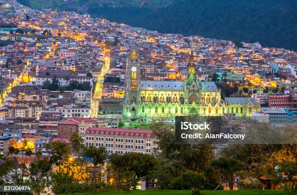 Side View Of The Basilica Of Quito At Sunset Stock Photo - Download Image Now - Andes, Architectural Dome, Architecture