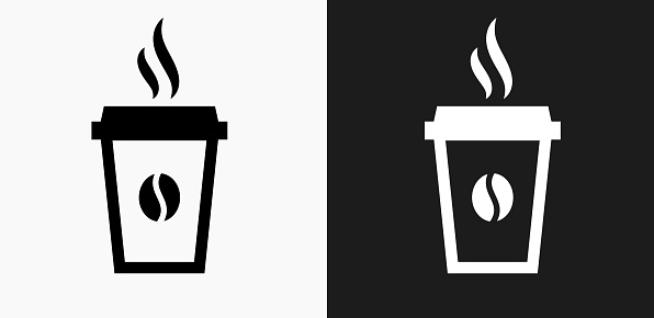Steamy Coffee Cup Icon on Black and White Vector Backgrounds. This vector illustration includes two variations of the icon one in black on a light background on the left and another version in white on a dark background positioned on the right. The vector icon is simple yet elegant and can be used in a variety of ways including website or mobile application icon. This royalty free image is 100% vector based and all design elements can be scaled to any size.