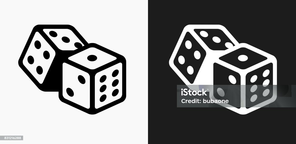 Dice Icon on Black and White Vector Backgrounds Dice Icon on Black and White Vector Backgrounds. This vector illustration includes two variations of the icon one in black on a light background on the left and another version in white on a dark background positioned on the right. The vector icon is simple yet elegant and can be used in a variety of ways including website or mobile application icon. This royalty free image is 100% vector based and all design elements can be scaled to any size. Dice stock vector