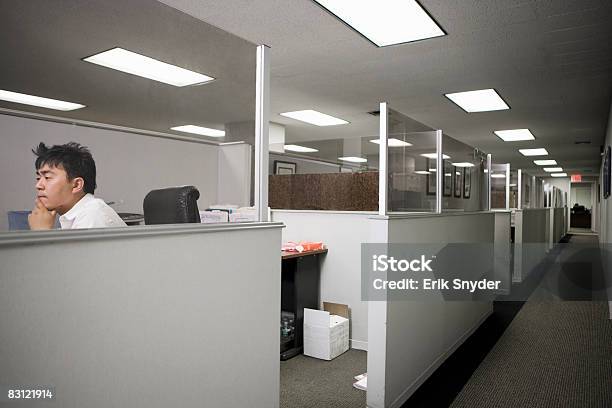 Man Working In Office Stock Photo - Download Image Now - Office Cubicle, Office, Illuminated