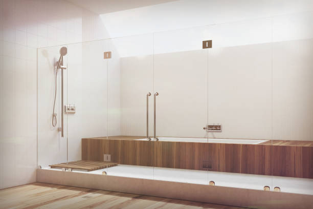 istock White bathroom interior, tub, shower, side toned 831222906