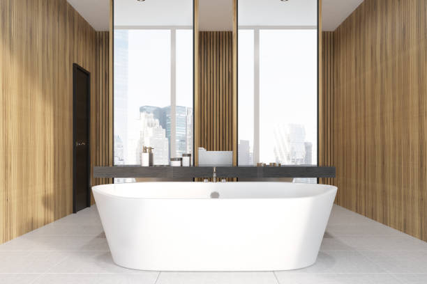 istock Wooden bathroom, double sink 831225558