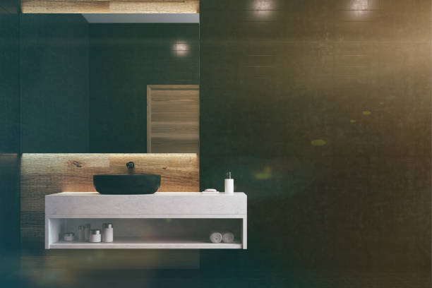 istock Black bathroom, white shelf, black sink toned 831225830