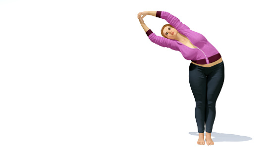 Young and curvy plus size caucasian blonde woman practicing yoga pose standing in half moon position on copy space white background. 3D illustration from my own 3D rendering file.