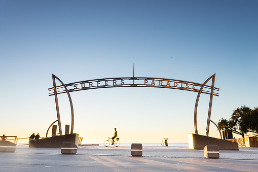 The iconic Surfers Paradise sign at sunrise on Queensland's Gold Coast in Australia