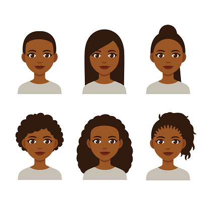 Black women faces with different hair styles. Cartoon African girls with natural hairstyles and straightened hair.