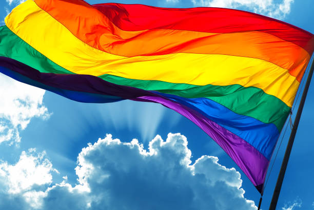 rainbow flag on cloudy sky background - gay pride flag fotos imagens e fotografias de stock