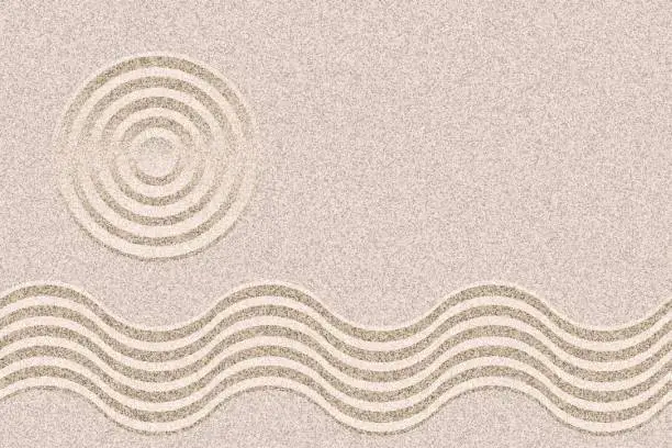 Vector illustration of Japan Zen Garden design layout background vector with copy space. Geometric ripples and sand texture.