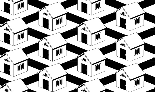 Monochrome seamless pattern with houses on the street