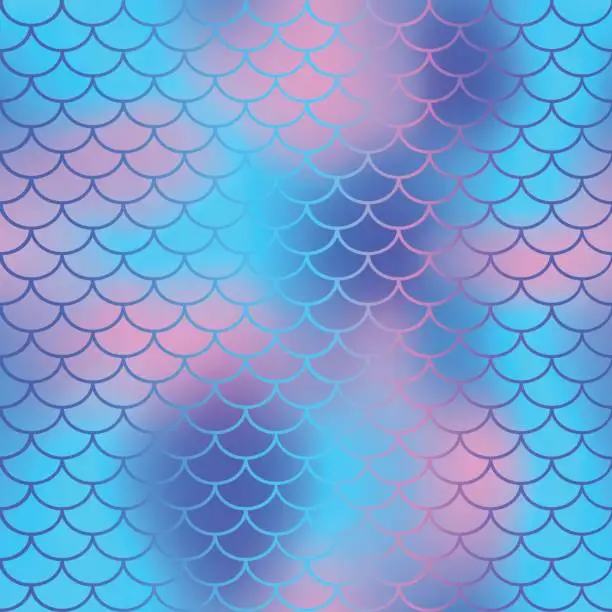 Vector illustration of Cool color palette seamless pattern with fish scale net. Blue pink mermaid skin surface.