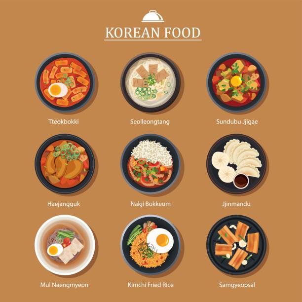 Set Di Design Piatto Di Cibo Coreano Sfondo Illustrazione Street Food Asia  - Immagini vettoriali stock e altre immagini di Cucina coreana - iStock