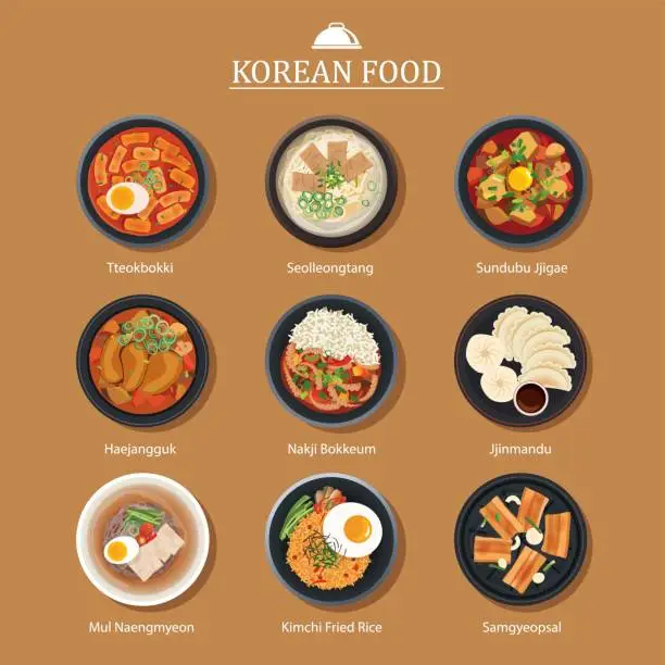 Vector illustration of Set of korean food flat design. Asia street food illustration background.