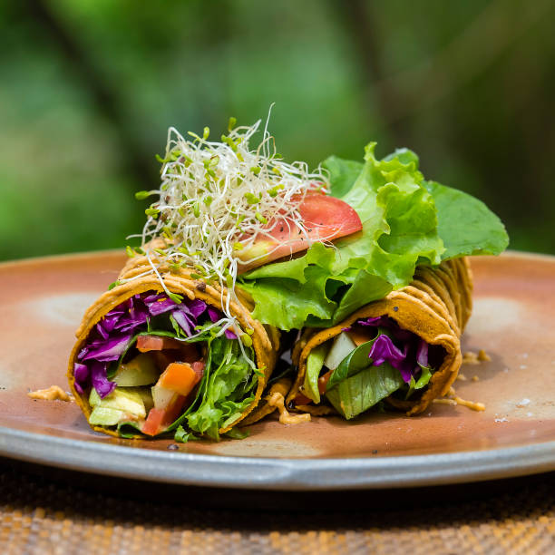 Vegan wraps with raw vegetables . Island Bali, Ubud, Indonesia