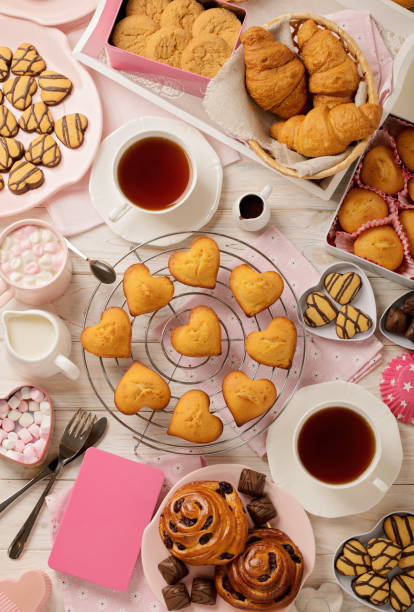 istock Flat lay cakes and cookies, muffins and rolls, biscuits and sweets, tea and coffee with marshmallow. 831281218