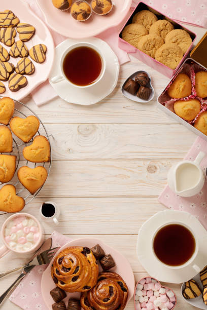 flat lay cakes and cookies, muffins and rolls, biscuits and sweets, tea and coffee with marshmallow. - milk old fashioned retro revival still life imagens e fotografias de stock