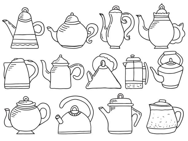 ilustrações de stock, clip art, desenhos animados e ícones de vector doodle set with teapots - coffee time restaurant