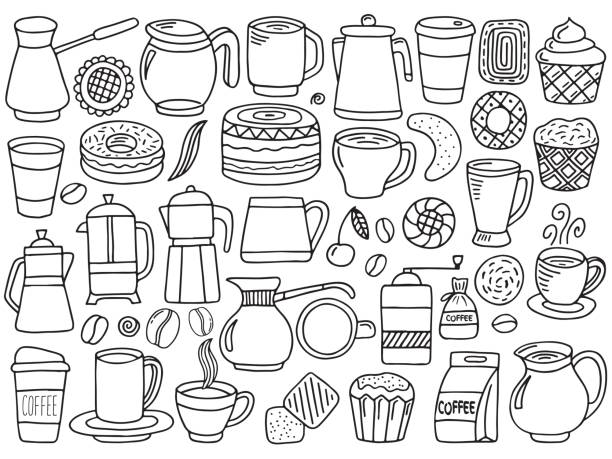 ilustrações, clipart, desenhos animados e ícones de conjunto de vetores de doodle de café - set cake cream sweet food