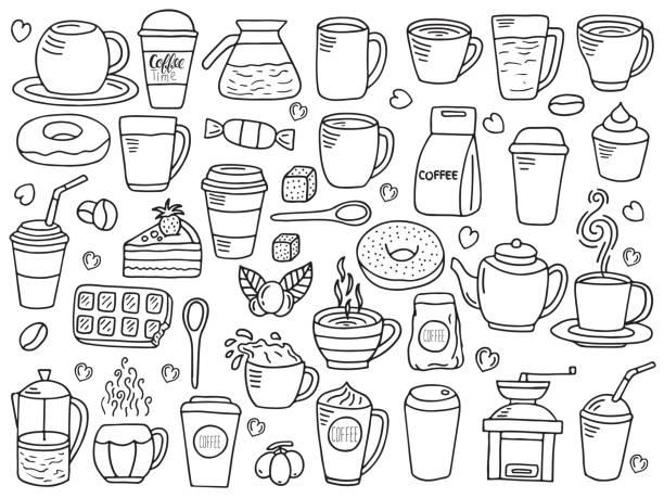 ilustrações, clipart, desenhos animados e ícones de conjunto de vetores de doodle de café - set cake cream sweet food