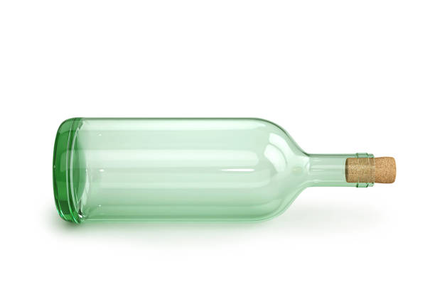 Glass empty wine bottle with cork Glass empty wine bottle with cork isolated on white. 3D rendering with clipping path lying on side stock pictures, royalty-free photos & images