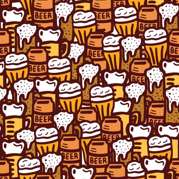 hand drawn beer seamless pattern beer seamless doodle pattern, beer glasses texture bar drink establishment illustrations stock illustrations