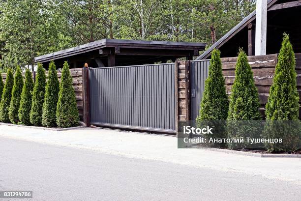 Gray Brown Gate And A Fence With Decorative Green Trees In Front Of The Asphalt Road Stock Photo - Download Image Now
