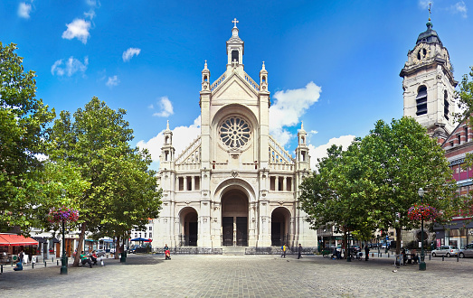 Panoramic view of catholic church in Place Ste. Catherine in Brussels, Belgium. Bright sunny summer day in Europe.