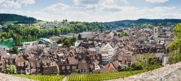 Panoramic view of Swiss town Schaffhausen. River Rhine. Europe
