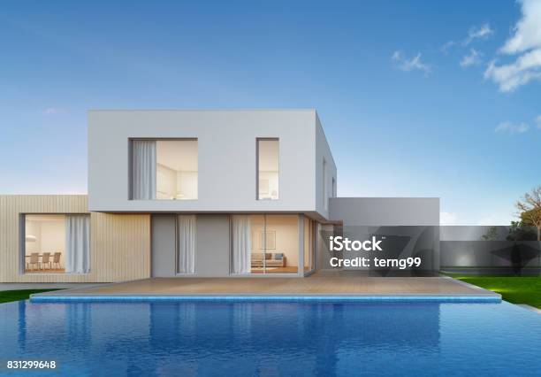 Luxury House With Swimming Pool And Terrace In Modern Design Vacation Home For Big Family Stock Photo - Download Image Now