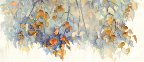 herbst birkenzweige mit verlässt aquarell hintergrund - autumn branch leaf backgrounds stock-grafiken, -clipart, -cartoons und -symbole