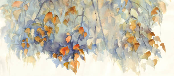 illustrations, cliparts, dessins animés et icônes de des branches de bouleau automne avec les feuilles fond aquarelle - paintings watercolor painting landscape autumn