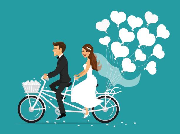 Just married couple bride and groom riding tandem bicycle Just married couple bride and groom riding tandem bicycle with heart balloons wedding cartoon stock illustrations