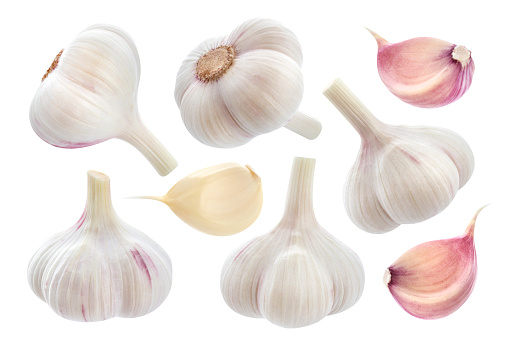 Garlic clove isolated. Garlic cloves on white background. Unpeeled white garlic cloves with clipping path. Full depth of field.