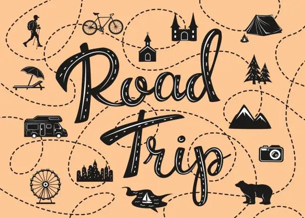 Vector illustration of road trip poster with a stylized map with points of interest