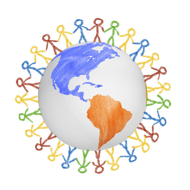 istock 3D Globe with the view on america with drawn people holding hands. Concept for friendship, globalization, communication and diversity. 831306072