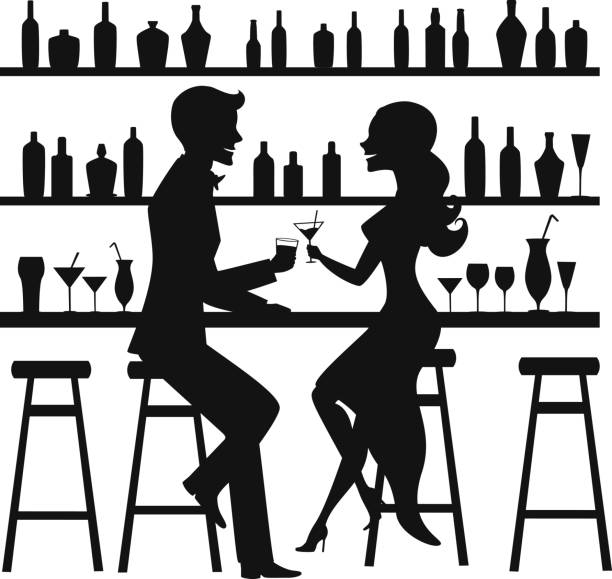 日付、ロマンチックなエレガントなカップルは、バーで座っている男と女夜飲んでカクテル シルエット ベクトル イラスト、カウンター - drinking couple bar counter bar点のイラスト素材／クリップアート素材／マンガ素材／アイコン素材