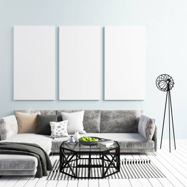 istock Mock up poster in interior with  sofa. living room modern style. 3d illustration 831306780