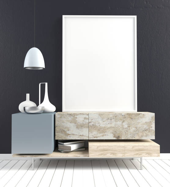 istock 3d illustration, modern interior with credenza, poster and lamp. wall mock up 831306810