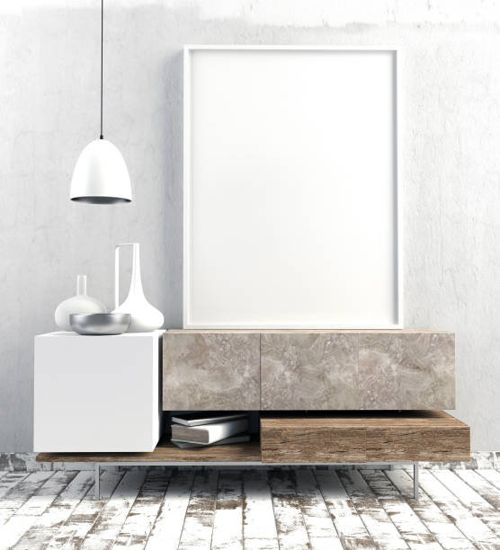istock 3d illustration, modern interior with credenza, poster and lamp. wall mock up 831306846