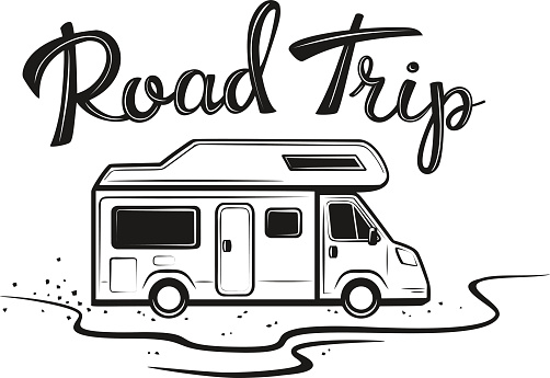 Road trip poster with camper on the way to holidays in black color with handwritten text