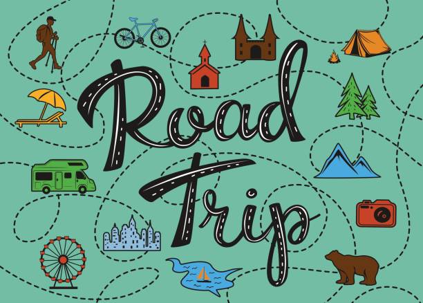 ilustraciones, imágenes clip art, dibujos animados e iconos de stock de roadtrip cartel con un mapa estilizado con puntos de interés y turismo para los viajeros - viaje por carretera