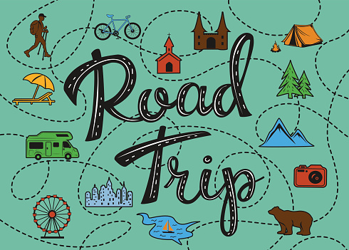 Roadtrip poster with a stylized map with points of interest and sighseeing for travelers like city, old castle, monastery, fan fair, beach, sea, forest, mountain, zoo, camping place, biking and hiking routes