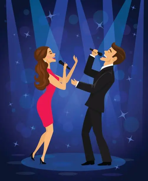 Vector illustration of Elegant couple singing karaoke on stage in club under spotlight
