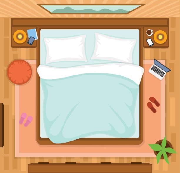 ilustrações de stock, clip art, desenhos animados e ícones de bedroom with empty bed top view - bed bedroom cartoon furniture