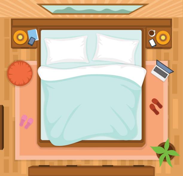 Bedroom with empty bed top view Bedroom interior top view bed furniture illustrations stock illustrations