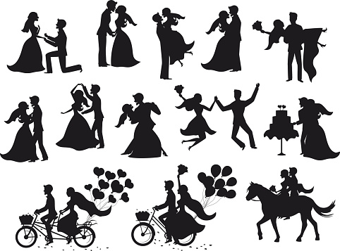 Just married , newlyweds, bride and groom  silhouettes set. Happy Couple celebrating marriage, dancing, kissing, hugging, holding each other in arms, cut cake, riding bike and horse, jumping after ceremony