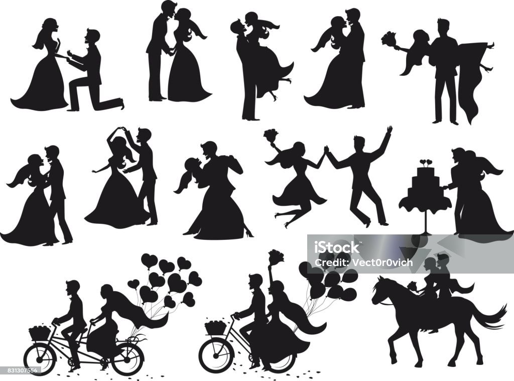 ust married , newlyweds, bride and groom  silhouettes set. Just married , newlyweds, bride and groom  silhouettes set. Happy Couple celebrating marriage, dancing, kissing, hugging, holding each other in arms, cut cake, riding bike and horse, jumping after ceremony In Silhouette stock vector