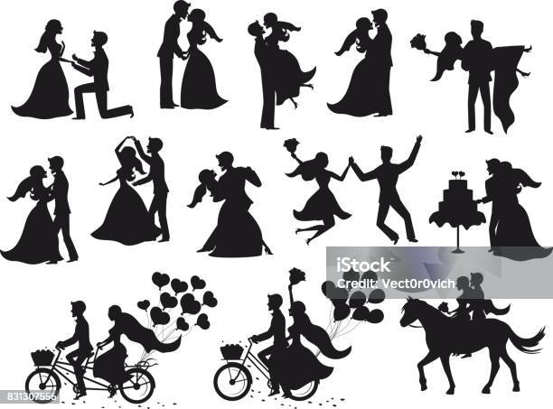 Ust Married Newlyweds Bride And Groom Silhouettes Set Stock Illustration - Download Image Now