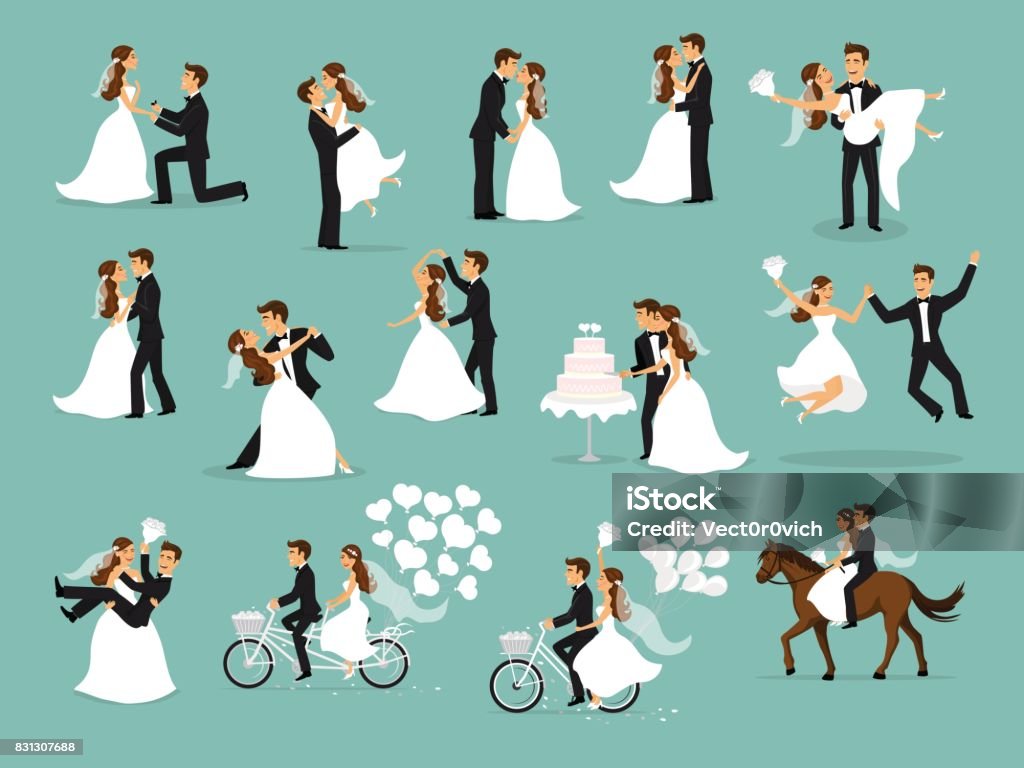 Recién casados, recién casados, la novia y el novio set. ceremonia de la boda - arte vectorial de Boda libre de derechos