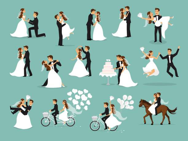 Just married , newlyweds, bride and groom set. wedding ceremony Just married , newlyweds, bride and groom set. Happy Couple celebrating marriage, dancing, kissing, hugging, holding each other in arms, cut cake, riding bike and horse, jumping after ceremony bridegroom stock illustrations