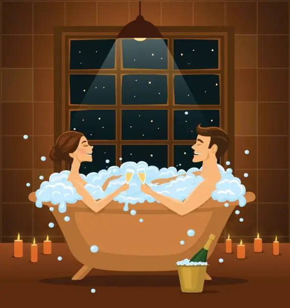 Vector illustration of Romantic couple celebrating, taking bath in a vintage bathtub with bubbles, laughing and drinking champagne